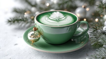 Fototapeta premium A festive green cup of latte art with a leaf design beside a decorative Christmas ornament, surrounded by holiday greenery.