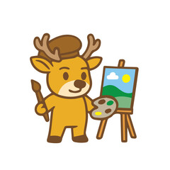 Cute Cartoon Deer Artist Painting a Landscape