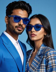 A stylish couple poses in matching blue outfits and sunglasses against a vibrant blue background, exuding confidence and modern fashion.
