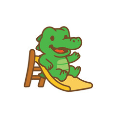 Happy cartoon alligator enjoying a slide