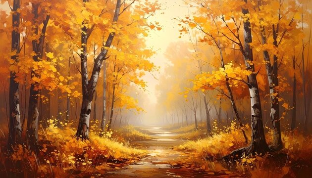 Autumnal forest path bathed in golden light