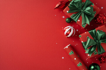 Bright red backdrop with wrapped gifts, green ribbons, ornaments, and confetti evokes festive...