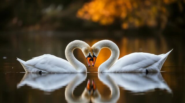 Swans gracefully glide across lake in perfect heart shape, beautifully set against a vibrant sunset, symbolizing not only enduring love but also harmony within natures breathtaking and stunning beauty