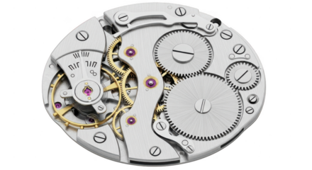 Close up of a vintage mechanical watch movement isolated on transparent background