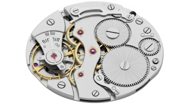 Close up of a vintage mechanical watch movement isolated on transparent background