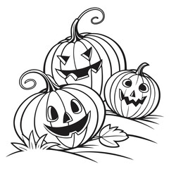 Three unique jack o lanterns carved and arranged in a festive autumn pumpkin patch scene