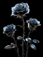Three dark metallic roses, with intricate details, stand out against a stark black background, showcasing a dramatic and artistic rendering of nature's beauty.