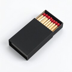 Black matchbox, wooden matches, red tips
