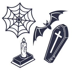 Spooky halloween scene with a lit candle tombstone coffin and cross