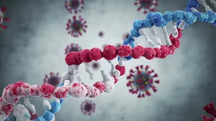 A detailed 3D animation showing a rotating DNA double helix strand surrounded by floating coronavirus particles symbolizing genetic research into viral infections and pandemics. - Powered by Adobe
