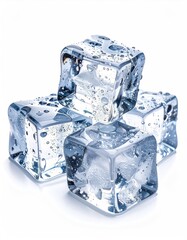 Four clear ice cubes with water droplets