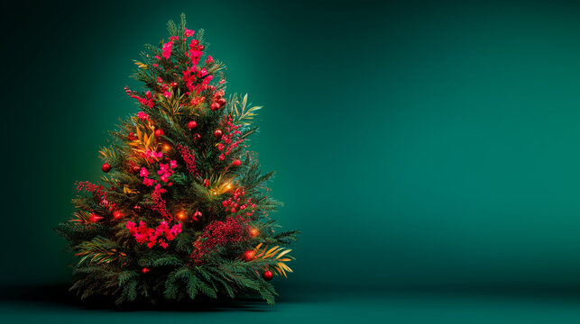 A Christmas tree decorated with golden, red, and green ornaments stands on a flat green surface against an empty background, evoking a festive yet elegant holiday vibe.