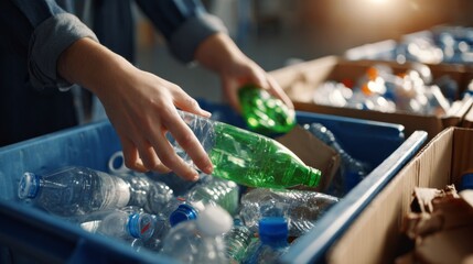 A close-up of a person's hand, sorting plastic bottles in a recycling bin, emphasizing environmental care and sustainability.