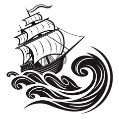 Eerie haunted ghost ship with tattered sails battling a fierce stormy sea at night