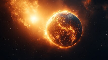 Obraz premium Burning Planet in Space with Flaming Aura and Stellar Background