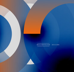 Abstract composition. Overlapping circles, rectangles create dynamic visual effect. Blue, orange hues dominate design. Modern aesthetic.