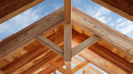Close-up view of a wooden roof structure with a clear blue sky in the background, showcasing intricate beam details.