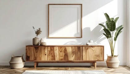 Empty frame on wooden sideboard, sunlit room