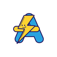 A cute cartoon illustration of the letter A with a smiling yellow lightning bolt character.