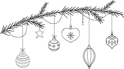Christmas tree branch with Christmas hanging bauble, pine with needles, sketch hand drawn design element, decoration. © Alyona