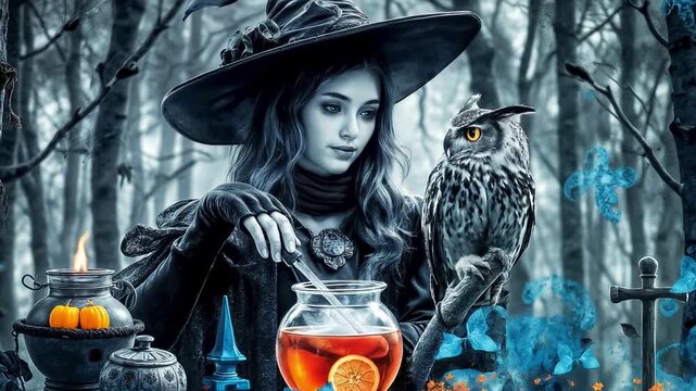 young very attractive witch brews a magic potion in a fairy forest.