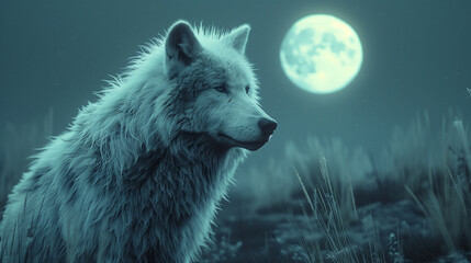 
hyper realistic wolf standing on cliff under full moon