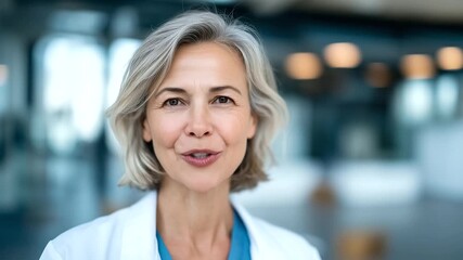 Confident mature female doctor, smiling warmly, camera, white coat, stethoscope, bright medical office, female physician portrait, senior healthcare professional, medical expertise, trusted doctor - Powered by Adobe