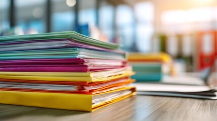 Colorful stack of office folders on a desk, illuminated by warm sunlight, creating a vibrant and organized workspace atmosphere.