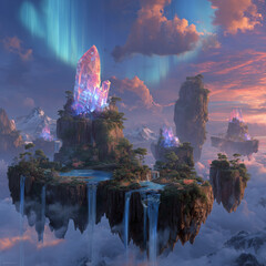 majestic fantasy landscape, floating islands with waterfalls