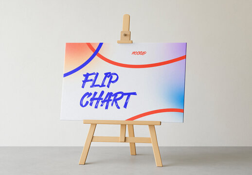 Horizontal Flip Chart Mockup on Wooden Easel &ndash; Realistic Landscape Presentation Board for Business Meetings, Office Training, Educational Seminars and Branding Design Display