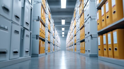 A modern archive room filled with organized metal filing cabinets and brightly colored folders.