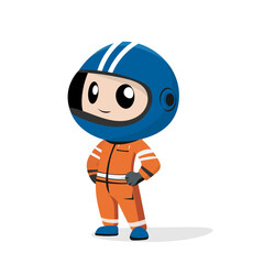 Racer in orange suit and blue helmet flat vector character