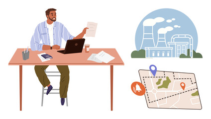 Man sitting at desk reviewing documents near laptop, industrial plant emitting smoke, city map with pins. Ideal for research, energy, pollution, strategy, planning sustainability innovation. Simple