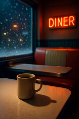 Cozy Vintage Diner with Coffee Mug by Snowy Window – Retro Winter Café Interior

