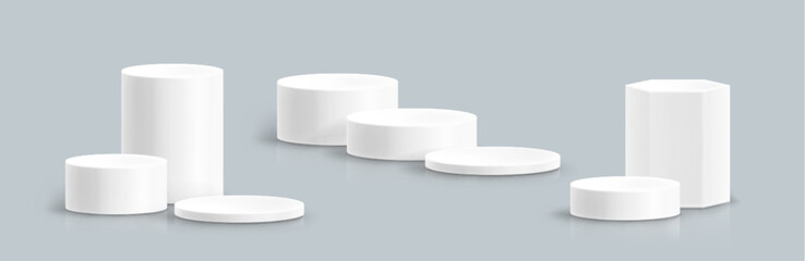 White cylindrical podium platforms on grey bg for stage display - various heights with round and hexagonal bases and smooth surfaces. Product presentation stands for showcase or exhibition layouts.