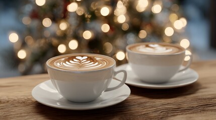 Obraz premium Two elegant cups of coffee with intricate latte art sit on a rustic wooden table, set against a soft, festive bokeh background.