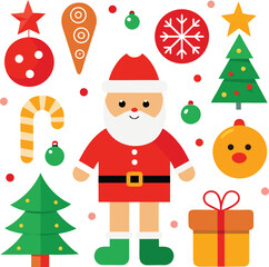 Fototapeta premium Vector art of cute cartoon santa claus character with christmas tree, candy cane, gift box, baubles, and snowflakes