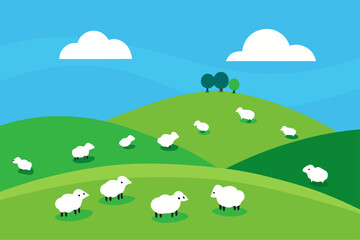 Fototapeta premium A flock of sheep grazing peacefully on a hill