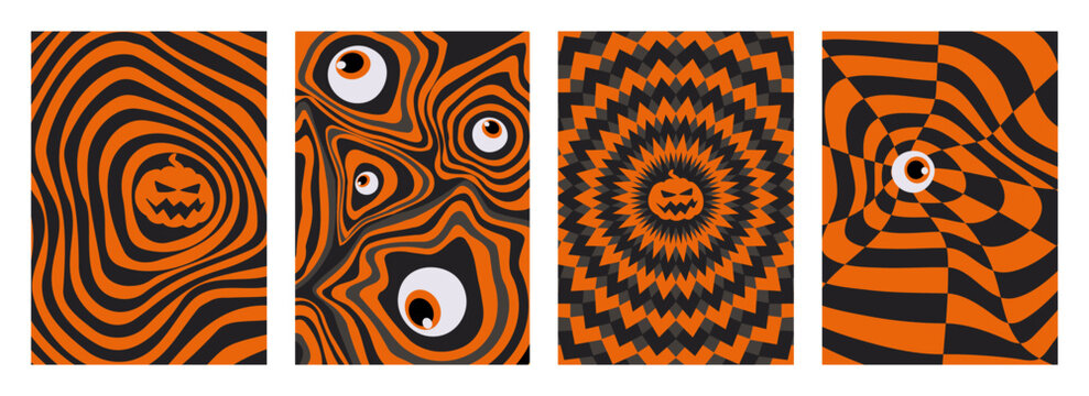 Halloween y2k groovy backgrounds with orange and black psychedelic pattern, trippy eyeball and pumpkin design for retro spooky vibes. Wavy lines, illusions geometric shapes for October party posters. - Powered by Adobe