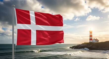 Denmark flag waving near lighthouse scenic coastline travel destination danish culture and patriotism symbol of denmark