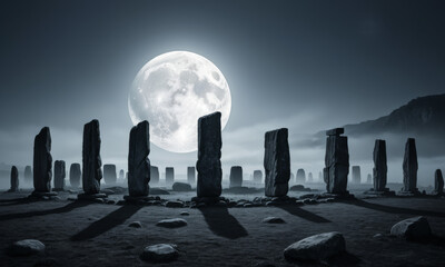 Ancient stone circle under a full moon creating a mystical atmosphere at night