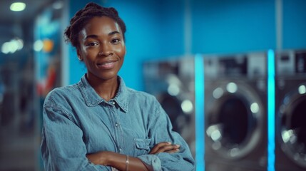Naklejka premium Smiling Black woman in a laundromat, dressed casually in denim, radiating confidence and positivity.