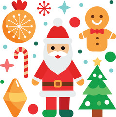 Vector art of a collection of flat design christmas icons including santa claus, gingerbread man, candy cane, christmas tree, and ornaments