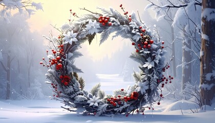 Snowy winter wreath in forest