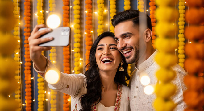 Couple taking festive selfie indoors - Powered by Adobe