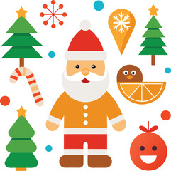 Fototapeta premium Vector art of cute flat illustration of santa claus with christmas trees, candy cane, snowflakes, and festive ornaments