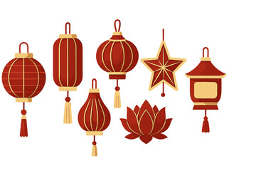 Collection of red and gold traditional Asian decorative elements including various lanterns, a star, and a lotus flower