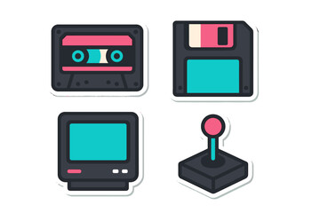 Retro technology icons: audio cassette, floppy disk, vintage monitor, classic joystick