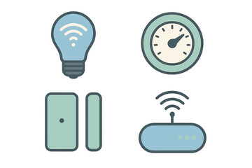 Contemporary smart home technology icons set with wireless light bulb, internet router, and energy consumption meter