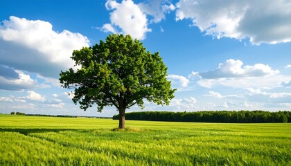 Lone tree stands majestically in a vibrant green field beneath a bright, cloudy sky